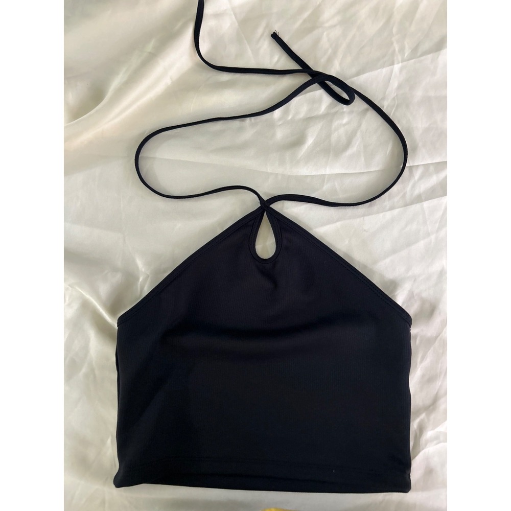 Zara Black Halter Neck Crop Top Size S Tie Back Keyhole Sleeveless Y2K
